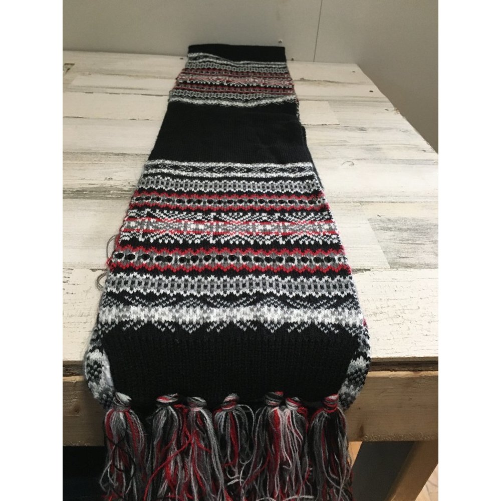 Black red white abstract designed with sequins scarf with fringe